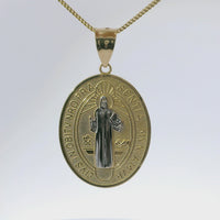14KT Gold Charm Large Two Tone Oval St Benedict Coin with Plain Bell