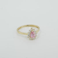 14KT Gold Ring Women's Flower Pear Pink Center Stone with White CZ Stone Petals Border Plain Band