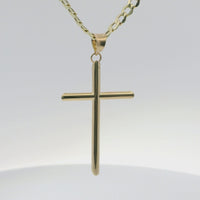 14KT Gold Charm Large Plain Hollow Tube Slant Ends Cross with Plain Bell