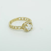 14KT Gold Ring Women's Square White Center Stone with White CZ Stone Border Chino Band