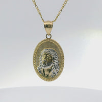 14KT Gold Charm Medium Oval Two Tone Jesus Coin with Beaded Border and Plain Bell