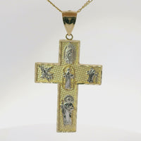 14KT Gold Charm Extra Large Two Tone Catholic Saints Cross with Virgin Mary, St Michael, St Charbel, St Christopher, and St Jude Center and Plain Bell
