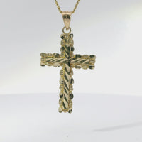 14KT Gold Charm Medium Nugget Cross with Diamond Cut Center and Plain Bell