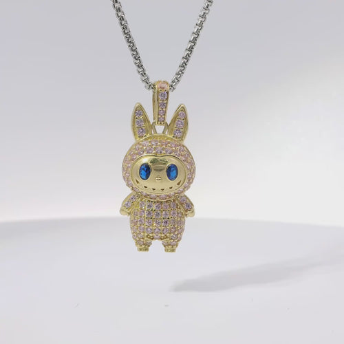 14KT Gold Charm Large 3D Flat Back LaBuBu Navy Blue Oval CZ Stones Eyes, Light Pink CZ Stones Body and Bell