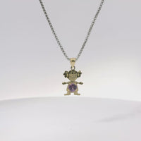 14KT Gold Charm Girl with Light Purple CZ Stone Belly and Plain Bell