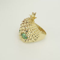 14KT Gold Ring Men's Pineapple Skull with Green Oval CZ Stone Eyes