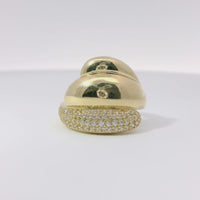 14KT Gold Ring Women's Ice Cream Swirl Two Plain and White CZ Stone Lower Layer with Plain Band