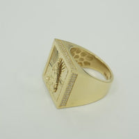 14KT Gold Ring Men's Square Caridad Cobre Plain Border Center with Sunray Background and Double Row White CZ Side Stones Border