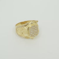 14KT Gold Ring Men's Oval White CZ Stone Platform Plain Border Band Design Fleur De Lis with U Shaped White CZ Stone Border