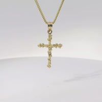 14KT Gold Charm Medium Textured Nugget Crucifix Cross with Plain Bell