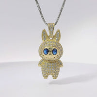 14KT Gold Charm Large 3D Flat Back LaBuBu Navy Blue Oval CZ Stones Eyes, White CZ Stones Body and Bell