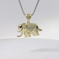 14KT Gold Charm Small 3D Puff Elephant with Flat Back, Red CZ Stone Eye, White CZ Stones Blanket and Bell