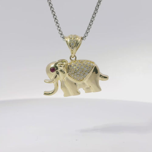 14KT Gold Charm Small 3D Puff Elephant with Flat Back, Red CZ Stone Eye, White CZ Stones Blanket and Bell
