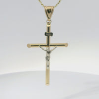 14KT Gold Charm Large Two Tone Hollow Tube Slant Ends Crucifix Cross with Plain Bell