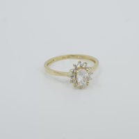 14KT Gold Ring Women's Flower Oval White Center Stone with White CZ Stone Petals Border Plain Band
