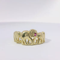 14KT Gold Ring Women's Three Right Facing Elephants One with Red Eye Plain Band