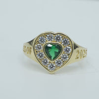 14KT Gold Ring Women's "Class of 2025" Dark Green Center Heart CZ Stone White CZ Stones Border Plain Band