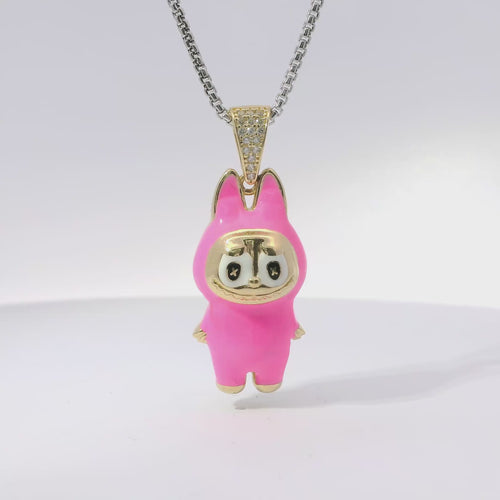 14KT Gold Charm Small 3D Hot Pink Enamel LaBuBu Body, White Enamel Eyes, and White CZ Stones Bell