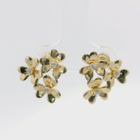 14KT Gold Earrings Small Triple Heart Petal Flower with White CZ Stone Center, Push Back Post, and Butterfly Backs