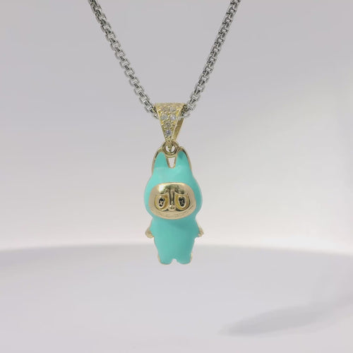 14KT Gold Charm Small 3D Turquoise Enamel LaBuBu Body and White CZ Stones Bell