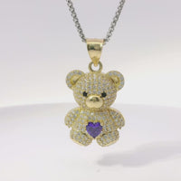 14KT Gold Charm Extra Large White CZ Stones Teddy with Purple Heart Belly and Plain Bell