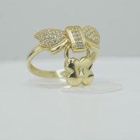 14KT Gold Ring Women's White CZ Stones Bow with Plain Border and Hanging Square Lock
