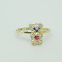14KT Gold Ring Small White CZ Stones Teddy Bear with Dark Pink Heart CZ Stone Belly, Black Eyes, and Plain Band