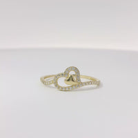 14KT Gold Ring Women's Light Weight Tilted Open White CZ Stones Heart Outline with Plain Heart Center and White CZ Stones Band