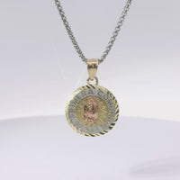 14KT Gold Charm Small Tri Tone "Mi Primera Communion" Communion Coin with Diamond Cut Edge and Plain Bell