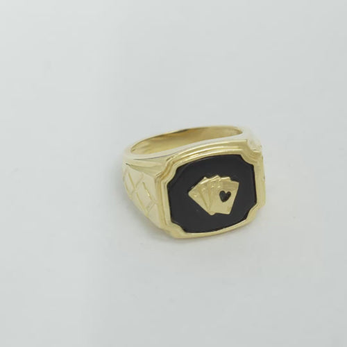 14KT Gold Ring Men's Onyx Square with Playing Cards Center Side Design Triple Stack Rhombus