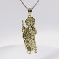 14KT Gold Charm Small Diamond Cut Halo Left Facing St Jude with Plain Bell