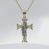 14KT Gold Charm Medium Open Flare End Cross with Two Tone St Jude Center and Plain Bell