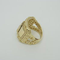 14KT Gold Ring Men's Curved Rectangle Caridad Cobre with White CZ Stones Border Chino Link Frame and Band