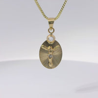 14KT Gold Charm Small Two Tone Oval Crucifix Sunray Coin with White CZ Stone Top and Plain Bell