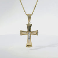 14KT Gold Charm Medium Two Tone Sunken Center Crucifix Cross with Flared White CZ Stones Ends, Plain Back Plate, and White CZ Stones Bell
