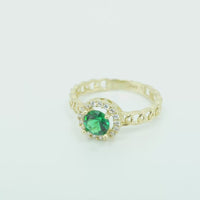 14KT Gold Ring Women's Round Dark Green Center Stone with White CZ Stone Border Chino Band