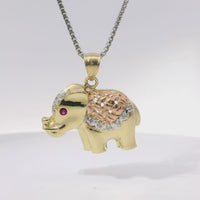 14KT Gold Charm Large Tri Tone Elephant with Pink CZ Stone Eye and Diamond Cut Rose Gold Curved Blanket Plain Bell