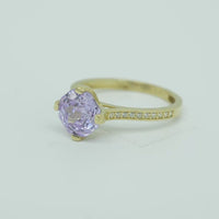 14KT Gold Ring Women's Octagon Rose Mini 4 Prong Lavender CZ Center Stone with Round White Pave CZ Stone Band
