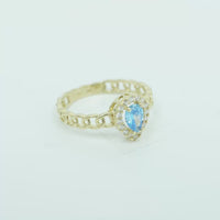 14KT Gold Ring Women's Pear Light Blue Center Stone with White CZ Stone Border Chino Band