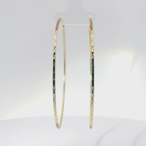 14KT Gold Earrings Tri Tone Flat Diamond Cut Hoops 2.5 Inch 1mm