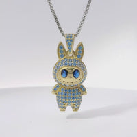14KT Gold Charm Large 3D Flat Back LaBuBu Navy Blue Oval CZ Stones Eyes, Light Blue CZ Stones Body and Bell