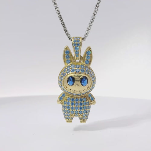 14KT Gold Charm Large 3D Flat Back LaBuBu Navy Blue Oval CZ Stones Eyes, Light Blue CZ Stones Body and Bell