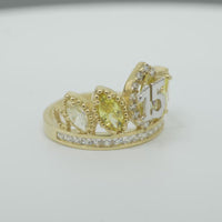 14KT Gold Ring Women's "15" Quinceanera Crown Yellow/ White CZ Stones with White Square CZ Stones Band