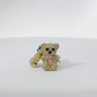 14KT Gold Earring Small White CZ Stones Teddy Bear with Black CZ Stones Eyes, Pink Heart CZ Stone Belly, Push Back Post, and Butterfly Backs