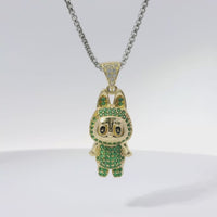 14KT Gold Charm Small 3D Green CZ Stones LaBuBu Body, Black Enamel Eyes, and White CZ Stones Bell