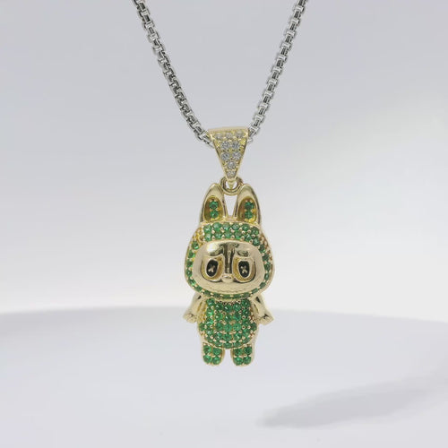 14KT Gold Charm Small 3D Green CZ Stones LaBuBu Body, Black Enamel Eyes, and White CZ Stones Bell