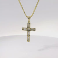 14KT Gold Charm Medium Baguette CZ Stones Cross with Six White Round CZ Stones Ends and Plain Bell