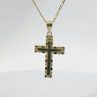 14KT Gold Charm Small Nugget Cross with Engravable Center and Plain Bell