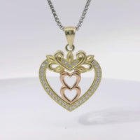 14KT Gold Charm Jumbo Two Tone White CZ Stone Open Heart Outline with Two Plain Rose Gold Open Heart Center and Plain Bell
