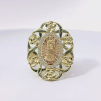14KT Gold Ring Women's Two Tone Oval Virgin Mary Sunray Center with White CZ Stones Border Floral Ribbon Border Split Band